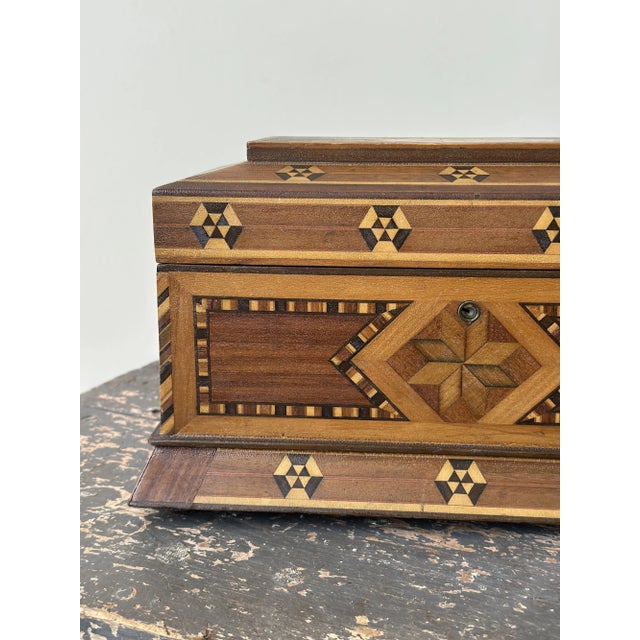 Brown Vintage Parquetry Box With Removable Tray + Velvet Interior, Circa 1920s-30s For Sale - Image 8 of 17