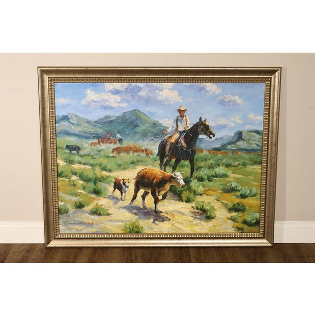 High Quality Western Cowboy on Horse Oil Painting on Canvas 55" x 43" Signed 'S. T. Cesent' in Gold Gilt Frame. Painting...