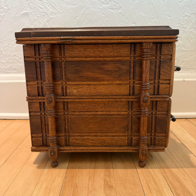 Antique Oak Countertop Sewing Cabinet With Applied Burled Wood Drawer Fronts For Sale - Image 6 of 12