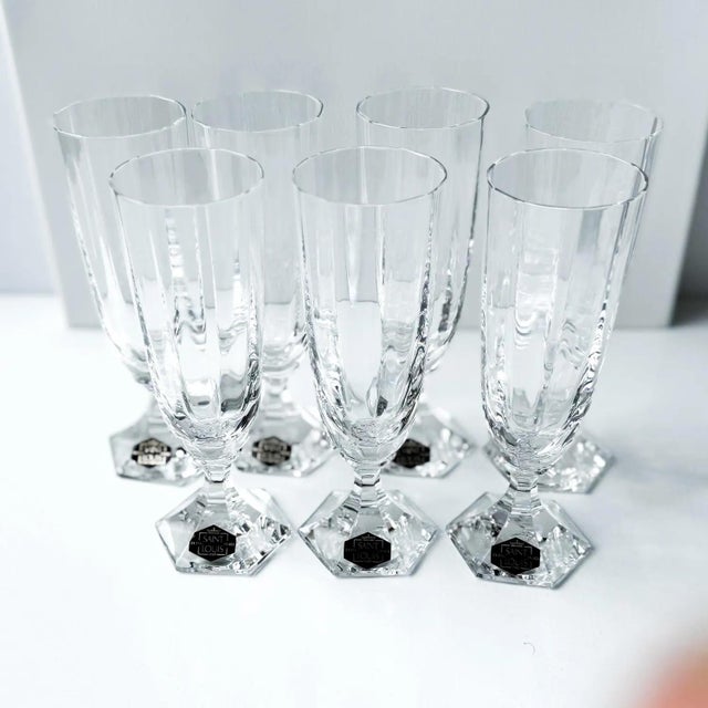 Set of 7 authentic Saint Louis 'Saint Cloud' champagne flutes Brilliantly faceted crystal with hexagonal base & vertical...