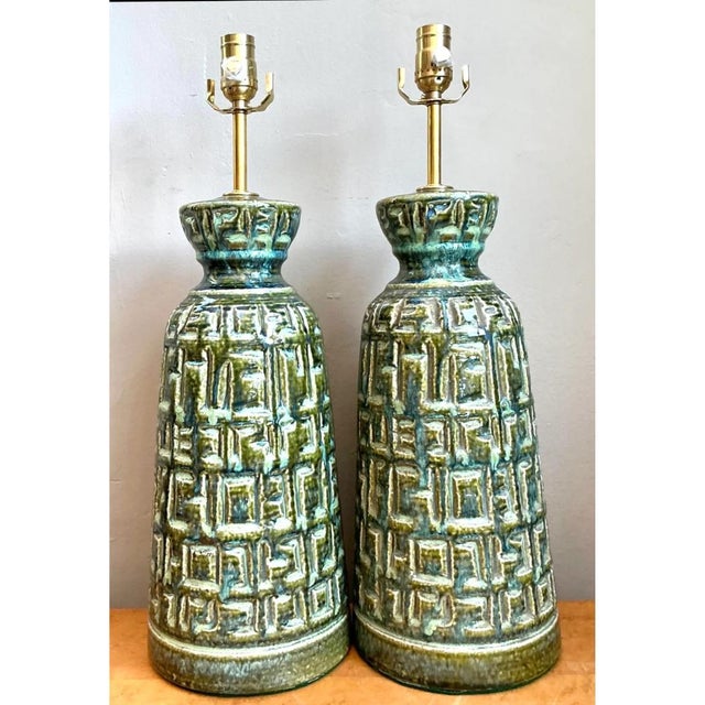Green Vintage Mid-Century Modern Green Textured Ceramic Table Lamps - a Pair For Sale - Image 8 of 12