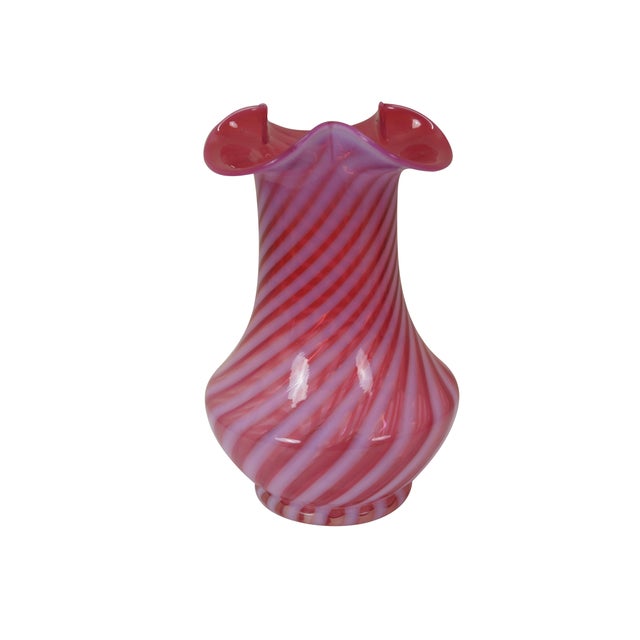 Late 20th Century Late 20th Century 3 Fenton Cranberry Glass Opalescent Ruffled Clambroth Vase Basket Bowl Compote For Sale - Image 5 of 16