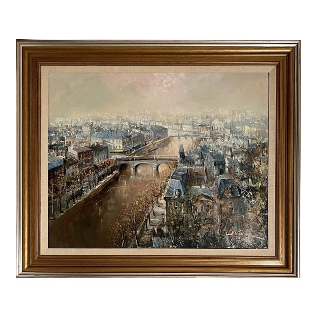 Lucien DelarueLarge French Oil Painting Paris, Seine River w Bridge, Landscape, Lucien Delarue, c.1950's For Sale