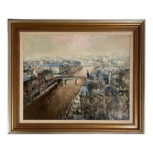 Lucien DelarueLarge French Oil Painting Paris, Seine River w Bridge, Landscape, Lucien Delarue, c.1950's