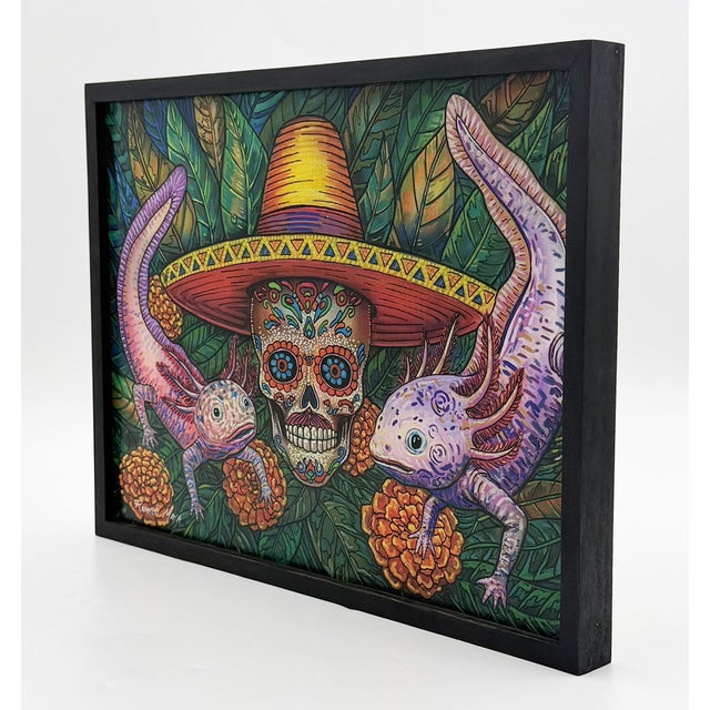 A vibrant and highly symbolic contemporary Mexican folk art painting by Nicaraguan artist Ricardo Maya, celebrating Día de...