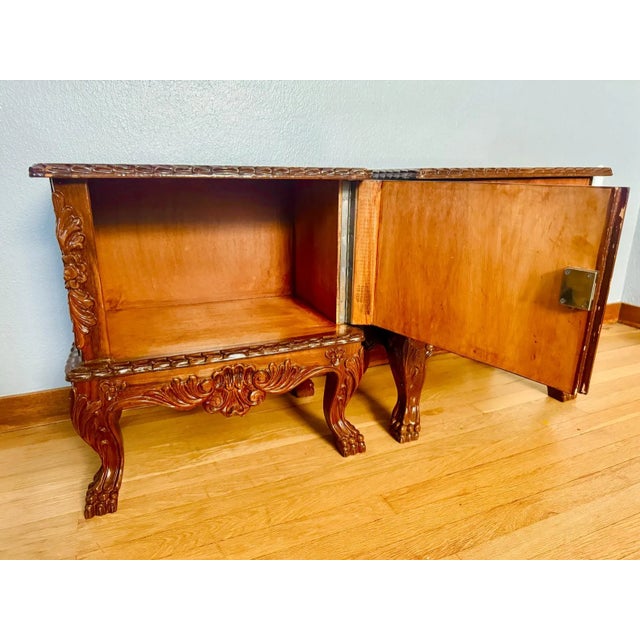 Mid 20th Century Mid 20th Century Pair of Carved Wood French Style Nightstands End Tables Figured Veneer Cabinets For Sale - Image 5 of 12