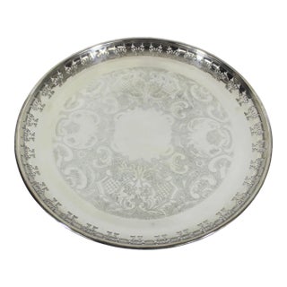 Vintage Large Round Silver Plated Tray With Small Feet Pierced Side Plate Embossed For Sale