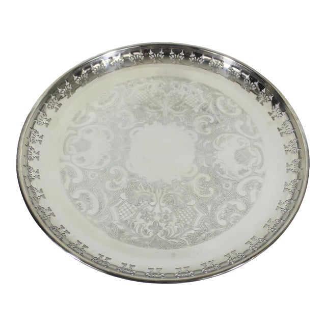 Vintage Large Round Silver Plated Tray With Small Feet Pierced Side Plate Embossed For Sale
