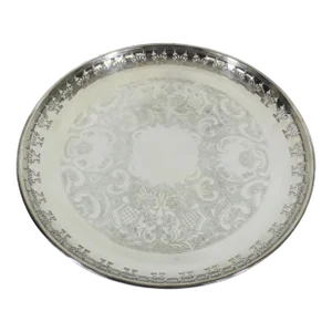 Vintage Large Round Silver Plated Tray With Small Feet Pierced Side Plate Embossed Serving Dish