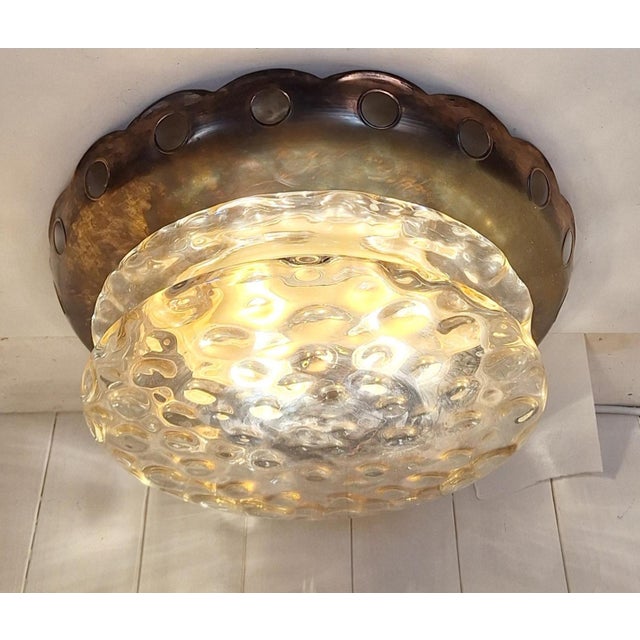 Vintage Ceiling Lamp with Patinated Brass Trim and Amber-Tinted Glass Shade, 1970s For Sale - Image 3 of 9