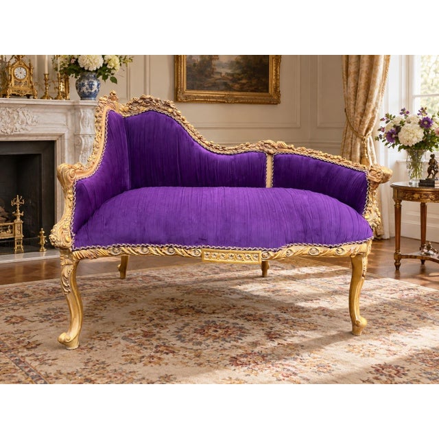 Late20C Artisan Louis XVI Gold Purple Beech Settee For Sale - Image 10 of 10