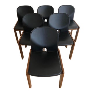 1960s Afra & Tobia Scarpa for Cassina, Model 121 Dining Chairs in Walnut & Black Leather by Set of 6 For Sale