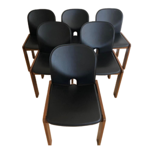1960s Afra & Tobia Scarpa for Cassina, Model 121 Dining Chairs in Walnut & Black Leather by Set of 6