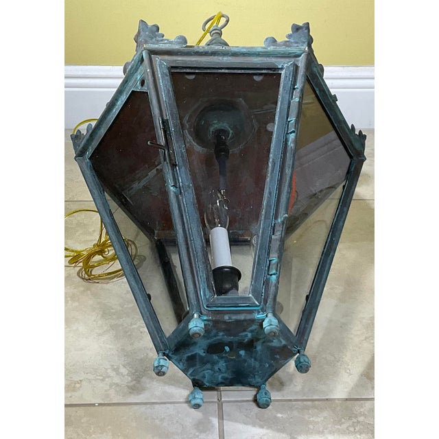 Captivating Vintage Brass & Copper Hanging Lantern With Canopy & Chain 29”x16”.5 For Sale - Image 12 of 12