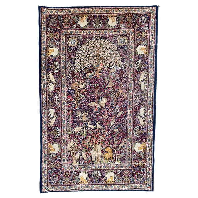 Vintage Pictorial Kerman Rug For Sale