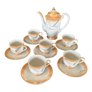 Dragon Tea Set Lusterware Made in Japan, Teapot With 6 Cups and Saucers, Hand Painted For Sale