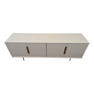 Ivory Painted Linen Sideboard With Brass Hardware – Modern Transitional For Sale