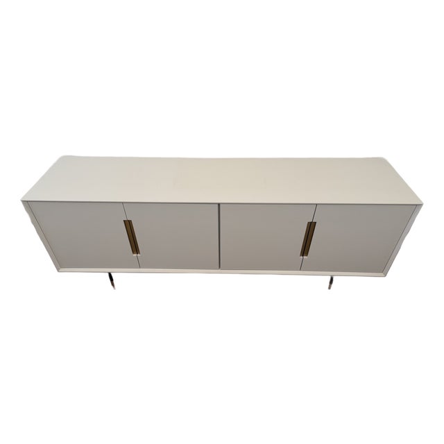 Ivory Painted Linen Sideboard With Brass Hardware – Modern Transitional For Sale