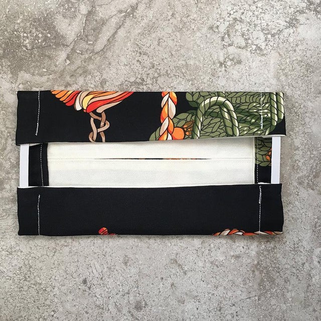 Textile Handmade Hermes Le Timbalier Silk Scarf Face Mask For Sale - Image 7 of 7