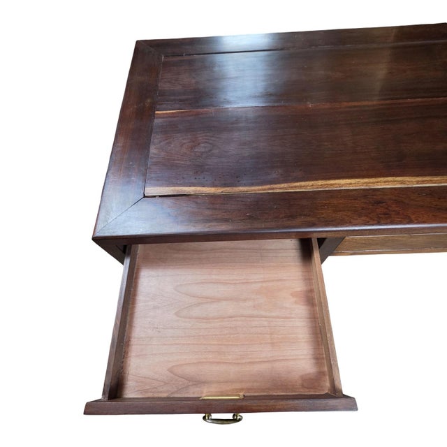Wood Vintage Asian-Inspired Dark Wood Executive Desk With Brass Hardware & Fretwork For Sale - Image 7 of 12