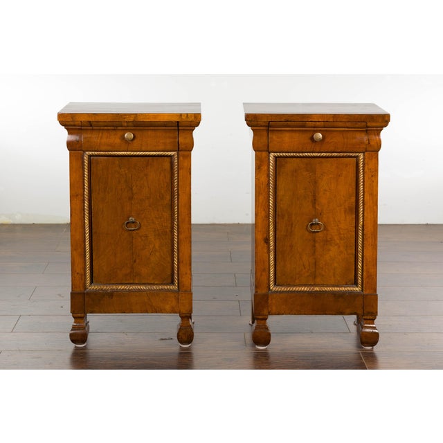 Early 19th Century 1800s Italian Walnut Bedside Cabinets with Giltwood Twisted Rope Motif, Pair For Sale - Image 5 of 12