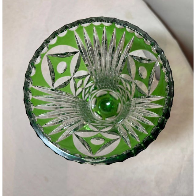 Vintage Handmade Green Czech Cut to Clear Crystal Glass Tall Ornate Flower Vase For Sale - Image 10 of 10