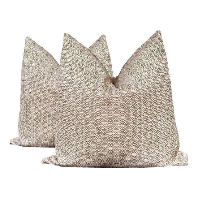 Thibaut Brown and Ivory Geometric Fabric Pillows - A Pair For Sale