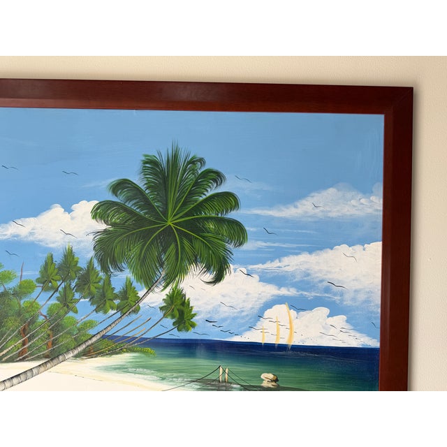 Wood Large Vintage Haitian Coastal Tropical Impressionist Oil on Canvas Painting – Framed For Sale - Image 7 of 13