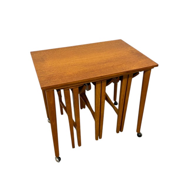 1970s Vintage Mid-Century Modern Nesting Table Set With Three Round Stowaway Stools/Tables on Casters - Uk Import For Sale - Image 5 of 11