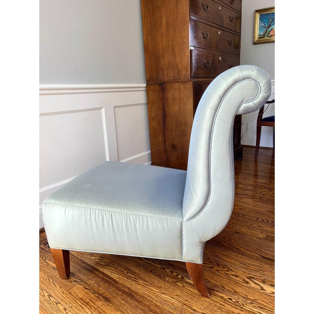 Pair of Barbara Barry for Baker Celadon Silk, Scroll Back Slipper Chairs For Sale - Image 9 of 12
