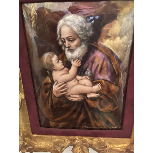 Workaday Handmade 1930s Spectacular Miniature Painting St Joseph With Infant Jesus C. 1635 by Guido Reni With Early Italian Gold Leaf Frame For Sale - Image 4 of 6