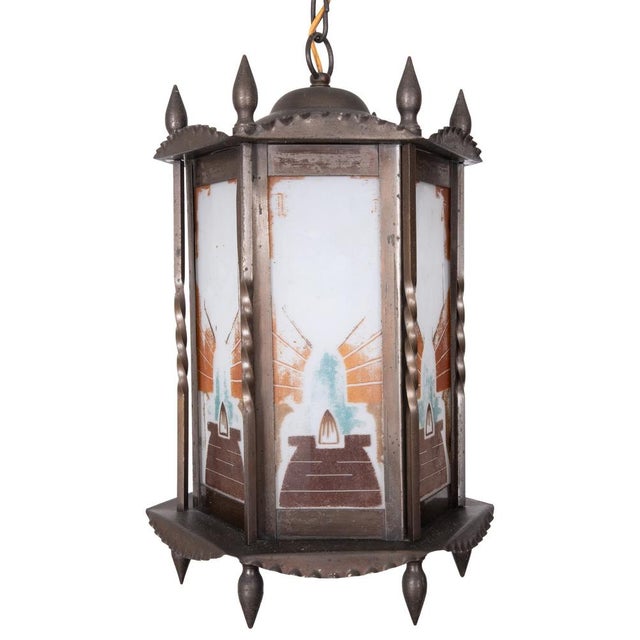 Amsterdam School Art Deco Hexagonal Hallway Lamp with Painted Glass, 1920 For Sale - Image 11 of 14