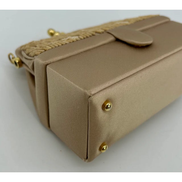 Judith Leiber Vintage Tan Silk Wood Bead Sequin Two Tier Minaudiere Bag For Sale - Image 10 of 12