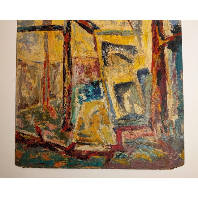 Abstract Vintage 1940s Cubist Abstract Cityscape Painting, Oil on Board, Unsigned For Sale - Image 3 of 4