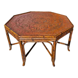 Vintage Maitland Smith Faux Scorched Bamboo Octagonal Cocktail Table