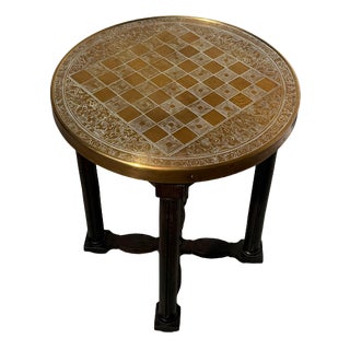 Round Chessboard Side Table with Decorative Copper Top For Sale