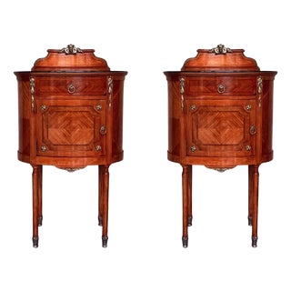 19th Century Louis XVI Marquetry Nightstands with Bronze & Mirror Crest, 1890s, Set of 2 For Sale