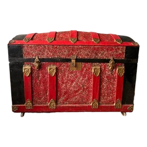 19th Century Antique Red Camel Hump Steamer Trunk / Chest