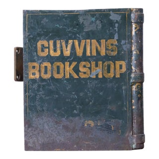Antique Late 19th Century English Hand-Lettered Green and Gold Metal Shop Sign or Advertisement for Bookshop For Sale