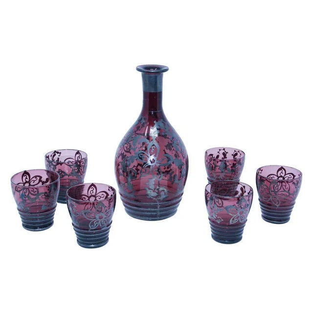 Amethyst Enameled Bohemian Glass Liquor Set Decanter and Six Glasses - 7 Pieces For Sale - Image 12 of 12