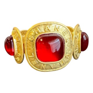 Chanel Red Gripoix Cabachon Glass Bracelet Vintage Gold Tone Cuff For Sale