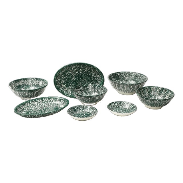 Vintage Roma Inc. 8-Piece Set of Vintage Green & White Ceramic Spongeware Dishes For Sale