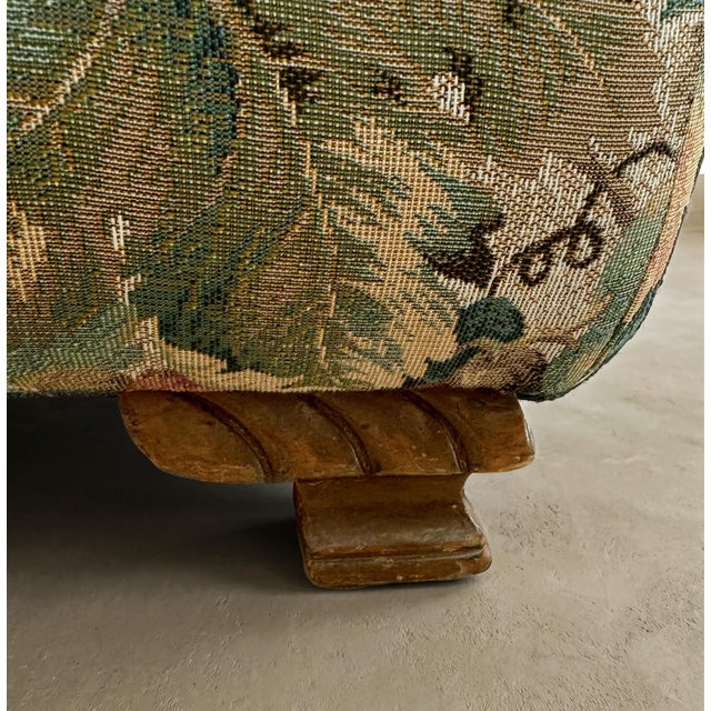 Vintage Botanical Tapestry Ottoman on Carved Hardwood Feet For Sale In Los Angeles - Image 6 of 8