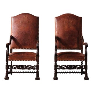 20th Century French Leather Embossed Armchairs Set of 2 For Sale