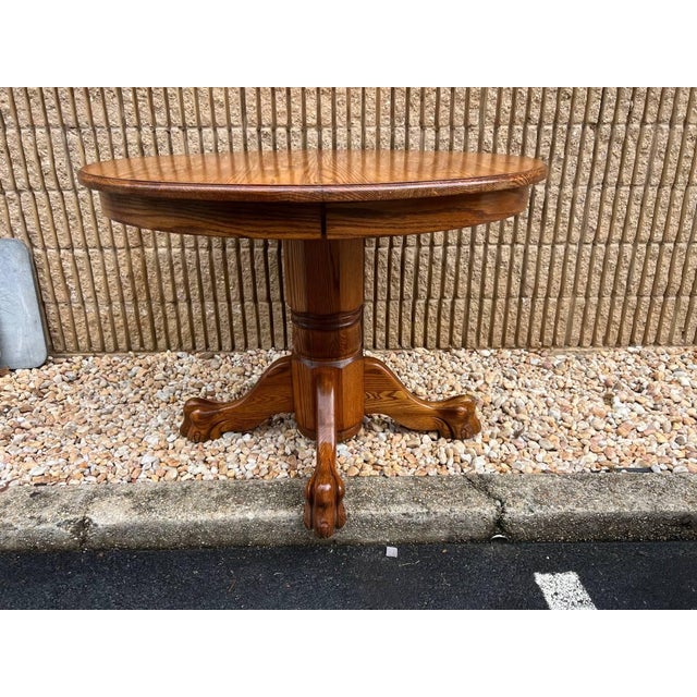 Vintage Handcrafted Solid Oak Round Table Pedestal Base, 2 Leaves by