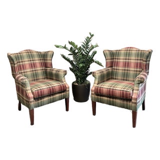 Custom Calico Corners Tartan Plaid & Wood Wingback Chairs, English Country - A Pair For Sale
