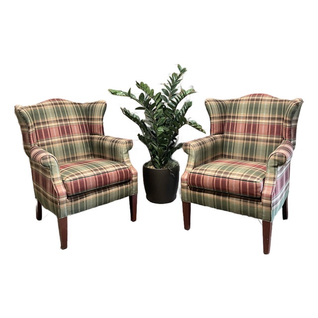 Custom Calico Corners Tartan Plaid & Wood Wingback Chairs, English Country - A Pair For Sale