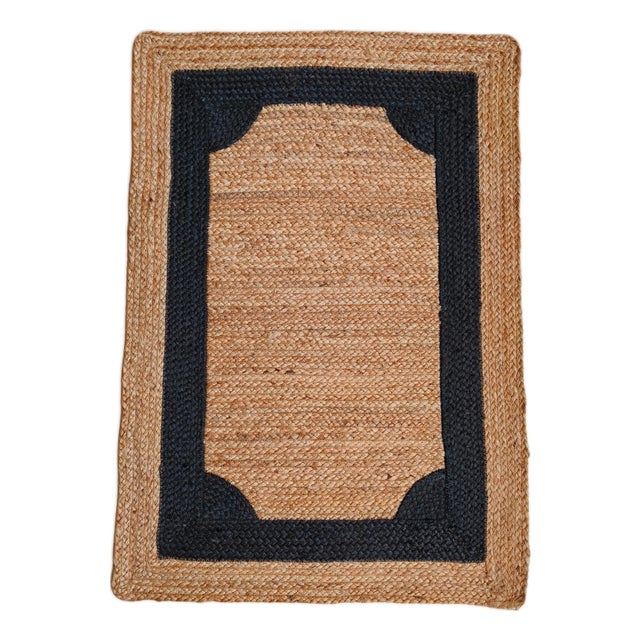 Handwoven Natural Jute Doormat Rug With Bold Black Frame Design For Sale