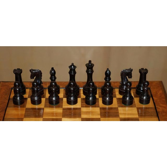 Vintage Burr Walnut Velvet Drawer Chessboard and Chess Set from Staunton, Set of 33 For Sale - Image 14 of 18