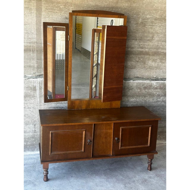 Mid-Century Modern Vintage Wooden Dressing Table with Triptych Mirror, 1950s For Sale - Image 3 of 18